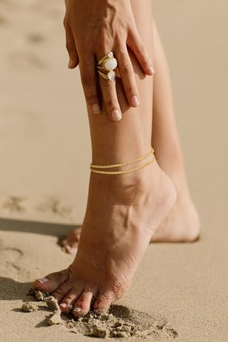 Tewiky Sterling Silver Plated Ankle Bracelets for Women,Dainty Layered Waterproof Anklet for Women Adjustable Sparkly Herringbone Beaded Rope Chain Set Stackable Cute Summer Beach Jewelry Gift - color: gold1