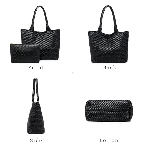 Woven Tote Bag for women,Vegan Leather Woven Satchel Handbag,Shoulder bag with Pouch,Hobo bag fits13-14” laptops - color: Black