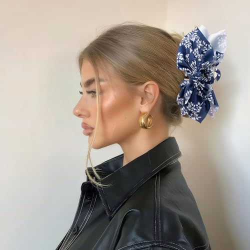 Bow Claw Clips Bow Hair Clips Blue White 1PCS Big Hair Bows for Women Butterfly Styling Large Hair Clips for Thick Hair for Girls Hair Accessories for Teens - color: 1PC-Blue Floral