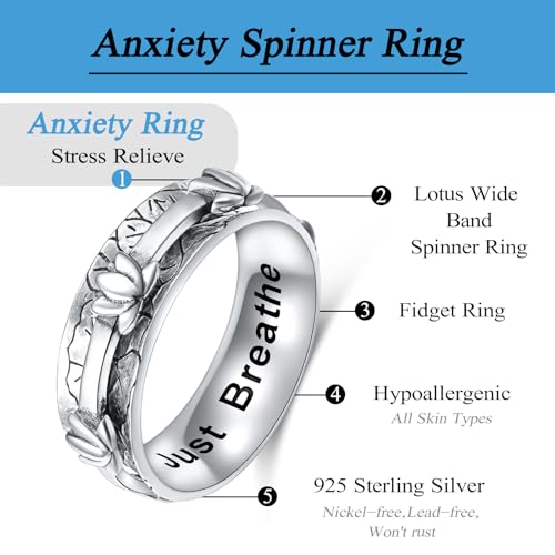 Ladytree Spinner Fidget Ring Sterling Silver Thumb Band for Women Anxiety Ring Platinum Plated Worry Stress Relief Just Breathe Boredom ADHD Autism Rings Boho Jewelry Gift - color: J-wide band oxidized lotus