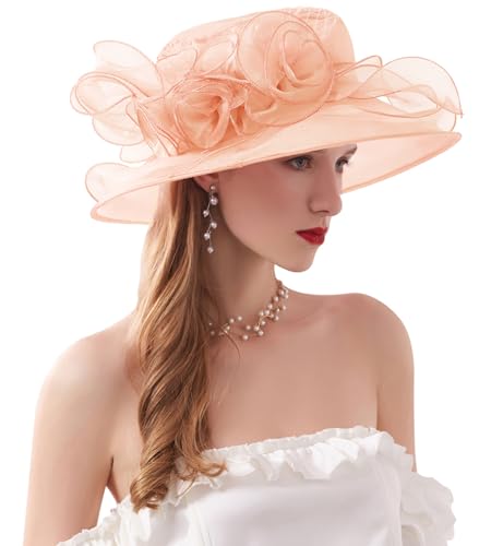 ORIDOOR Women’s Organza Church Tea Party Wedding Fascinator Derby Hat Wide Brim Sun Hats - color: D10-champagne Pink