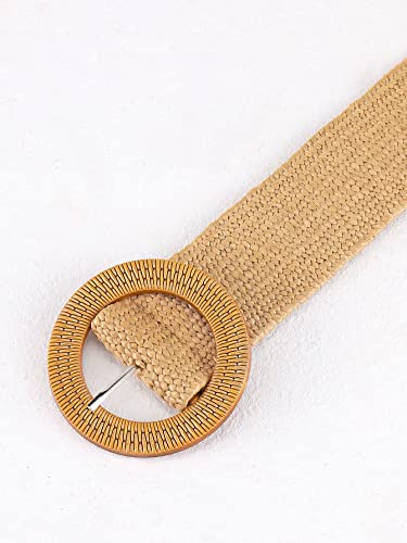 Verdusa Women's Western Belt Cowgirl Boho Straw Belts Round Buckle Elastic Waist Belt - color: Camel, size: Suit Waistline 25″-29″