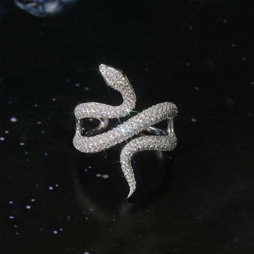 Sterling Silver Statement Ring 14K Gold Plated Healing Protection Snake CZ Pave Adjustable Open Ring 34mm