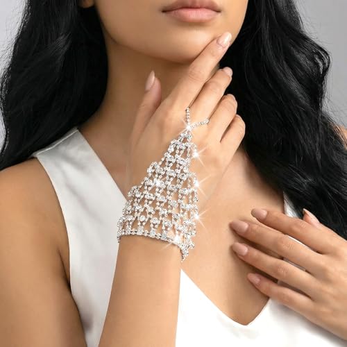 Chain Ring Bracelet Rhinestone Hand Chain Bracelet Silver Fingerless Gloves Jewelry Silver Metallic Glove Sparkle Wedding Hand Chains, Masquerade Glove Rhinestone Bracelets for Women