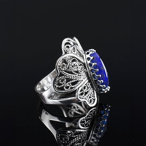 Filigranist Sterling Silver Filigree Art Butterfly Women Cocktail Ring with Gemstones - color: Lapis Lazuli