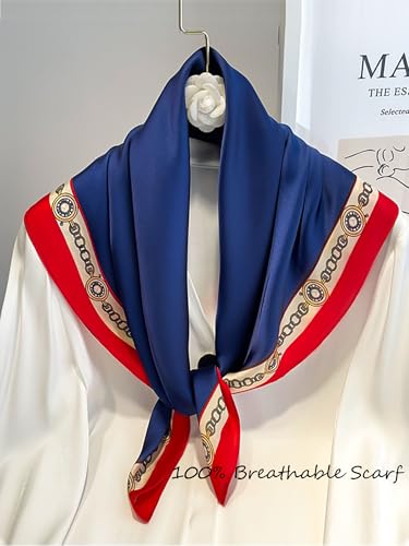 Silky Scarf for Women Lightweight Satin Bandanas Neck Hair Wrap For Sleeping Head Scarves 27.5" - color: A14 Blue & Chain/27.5"