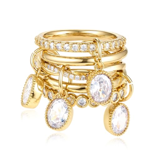 COLOYAN 14k Gold Plated Stackable Interlocking Rings for Women Non Tarnish | Durable Beautiful Cubic Zirconia Ring, Oval Rhinestone Drop Ring, Multi Stacking Ring Jewelry Gift Vacation, Party, Date - color: White, size: 6