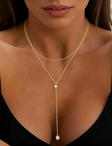 iF YOU Lariat Gold Long Necklaces for Women Trendy, Dainty 14K Gold Plated Drop Chain Necklace, Layered Rosary Beaded Y Necklaces Summer Beach Jewelry Gifts - color: Bead CZ layered necklace-GLD