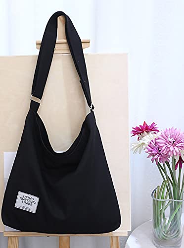 Covelin Women's Retro Large Size Canvas Shoulder Bag Hobo Crossbody Handbag Casual Tote - color: Black