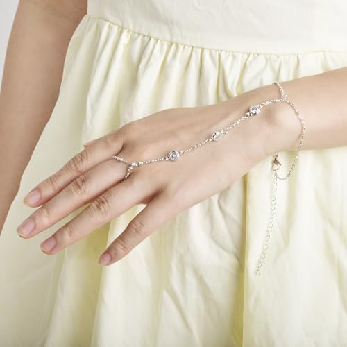 Hand Chain Bracelet Stainless Steel Finger Ring Bracelet Adjustable Gold Plated Hand Chain CZ Stackable Boho Minimalist Jewelry for Women - color: Steel Hand Chain Bracelet AN141W
