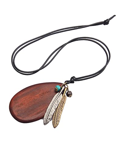 GelConnie Leather Cord Necklace Chain Multilayer Wooden Pendant Necklaces Vintage Jewelry Boho Long Sweater Necklace for Women Men - color: Feather Wood Necklace