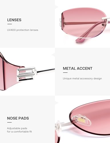 SOJOS Trendy Oval Sunglasses for Women,Fashion Rimless Metal Sun Glasses Y2K Style UV400 Protected SJ1271 - color: Burgundy
