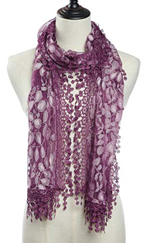 Cindy & Wendy Lightweight Soft Leaf Lace Fringe Scarf Bridal Shawl for Women - color: Purple