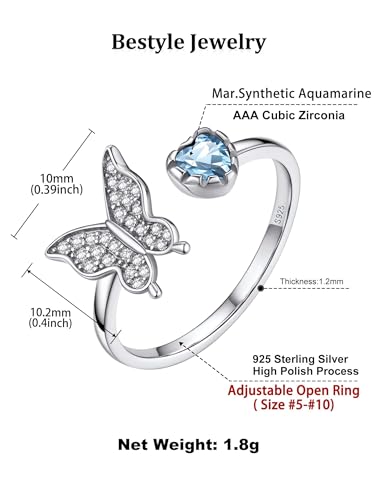 Bestyle 925 Sterling Silver Butterfly Ring Hypoallergnic Adjustable Birthstone Rings for Women Butterfly Jewelry Gifts for Anniversary Mothers' Day Birthday - color: 03.March(Aquamarine)