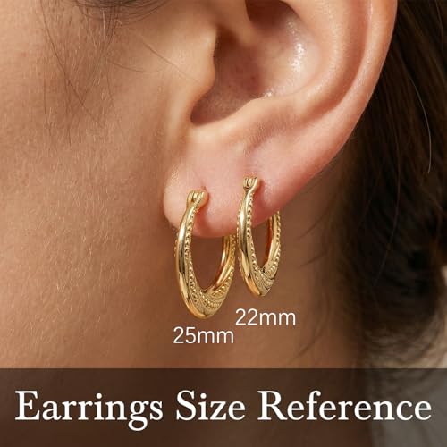14K Gold Earrings for Women 14K Gold Hoop Earrings for Women Gold Hoop Earring for Womens Hoops Layered Textures and Subtle Bead Accents Hoops Earring for Womens 22/25 mm (25mm)