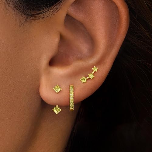 3 Pairs Dainty Small 4th of July Earrings for Women Trendy, Birthstone Stud Huggie Hoop Jacket Stack for Cartilage Helix, Gold Plated Hypoallergenic Cute Women Fashion Accessories Western Jewelry Gifts - color: 08Olive Green Created Peridot-Aug (Gold)