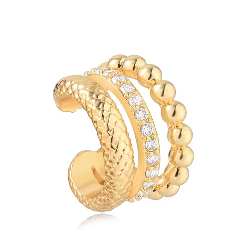 MTMY Gold Ear Cuff Earring for Women 14K Gold Plated Cubic Zirconia Non-Pierced Clip on Cartilage Chunky Ear Cuffs Hypoallergenic Jewelry - style: triple