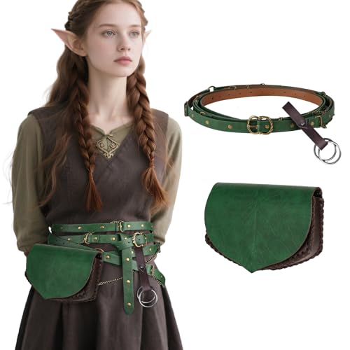 EpicCos Leaf-Patterned Waist Bag, Renaissance Multi-Turn Wrapped Faux Leather Belt with Skirt Clip for Ren Faire Forest Costumes (Green A)