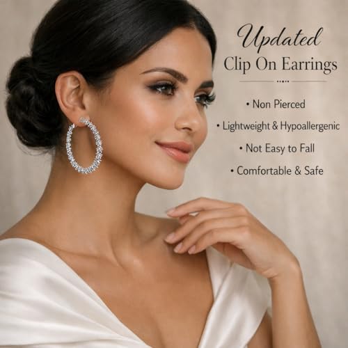Symvikio Large Clip On Hoop Earrings for Women,14K Gold Big Circle Clip Hoops Chunky Earring Clips for Non Pierced Ears Lightweight Jewelry Gifts 50mm - color: Silver