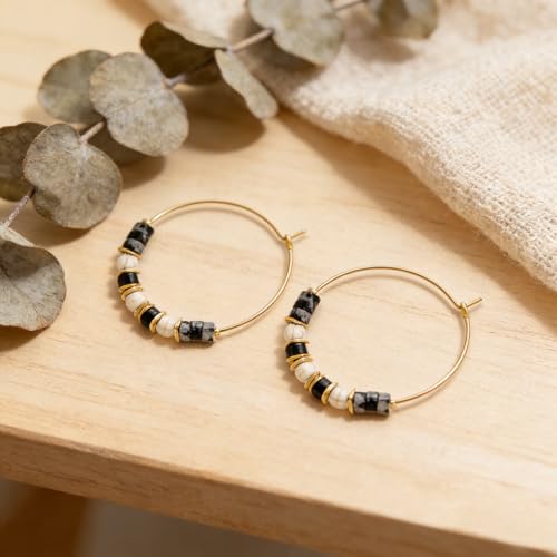 Natural Stone Beaded Hoop Earrings for Women, Boho Handmade Lightweight Hypoallergenic Trendy Summer Beach Accessories Fashion Jewelry Gift - color: Black