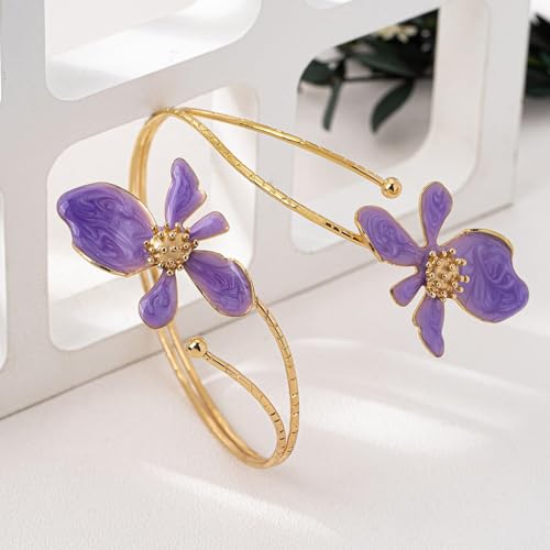 Arm Cuff Jewelry for Women Adjustable Flower Cuff Bangle Bracelet Gold Armband Upper Jewelry Gifts for Women Boho Western Accessories - color: B1:purple flower