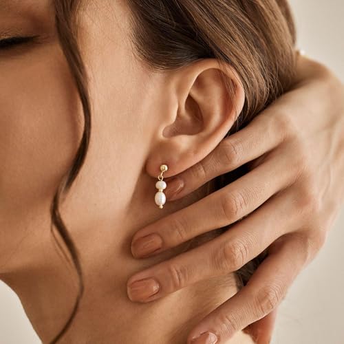Pearl Earrings for Women, Dainty Wedding Bridal Earrings 14k Gold Plated CZ Pearl Drop Earrings for Women Trendy Hypoallergenic Unique Gold Drop Earrings Fashion Prom Jewelry - color: Gold-F