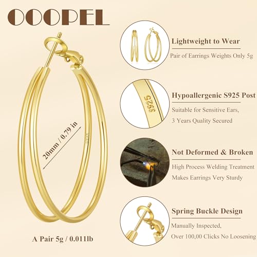 OOOPEL Large Thin Double Hoop Earrings for Women Lightweight Hypoallergenic 925 Sterling Silver Post 14K Gold Hoops Non Tarnish Sturdy Big Thin Double Layered Hoop Earrings 30/40/50/60mm - color: Gold, size: 20mm