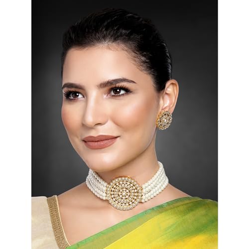 Aheli Pearl Diamond Choker Necklace & Round Earrings Gift for Women Indian Traditional Bollywood Fashion Bharatanatyam jewellery set - color: White 2
