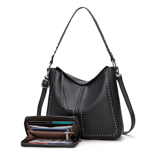 Montana West Hobo Bag for Women Crossbody Purse and Handbags Ladies Chic Shoulder Bags - color: Black-2pcs Set