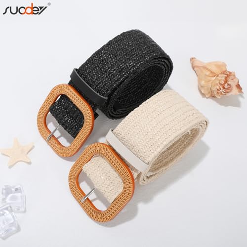 SUOSDEY 2 Pack Straw Woven Elastic Belt Braided Stretch Wide Boho Rattan Waist Belt for Women Dresses - color: 07-black+beige, size: Fit Waist up to 45''