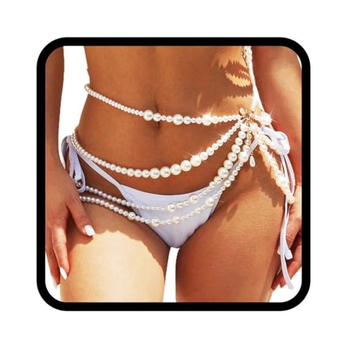 Asooll Pearl Waist Chain Layered Rave Fashion Beach Body Jewelry Chains for Women
