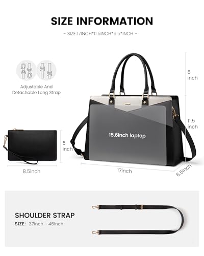 LOVEVOOK Laptop Tote Bag for Women, Leather Business Office Work Bag Computer Briefcase with Small Clutch fit for 15.6 Inch Laptop,Brown-Beige-Apricot