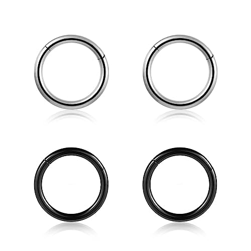 4Pcs 16G 18G 20G Surgical-Steel-Piercing-Ring-Nose-Rings-Hinged-Hoop-Earrings,6mm 8mm 10mm 12mm Seamless Stainless Steel Clicker Eyebrow Septum Piercing Hoop,Sliver Black Gold Rose Gold Rainbow Body Jewelry Set - color: 16G 8mm Silver & Black