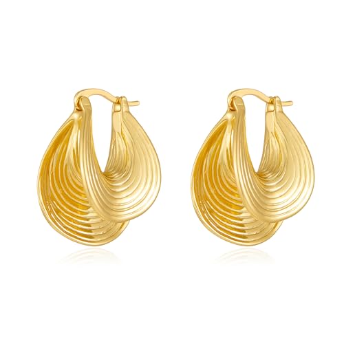 Gold Tone Textured Hoop Earrings 18K Gold Plated Medium Twisted Statement Hoops for Women Minimalist Jewelry