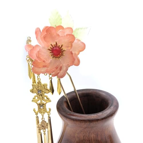Pink Peony Resin Hairpin with Elegant Tassel - Chinese Hanfu Vintage Floral Hair Stick for Women, Romantic Hair Accessory (Pink Peony) - color: Pink Peony