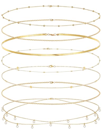 8Pcs Waist Chain 18K Gold Plated Belly Belt Chains Sexy Bikini Summer Beach Satellite Beaded Sequin Snake Layered Coin CZ Body Chain Jewelry Accessories for Women Gold Silver Tone Adjustable - color: Gold