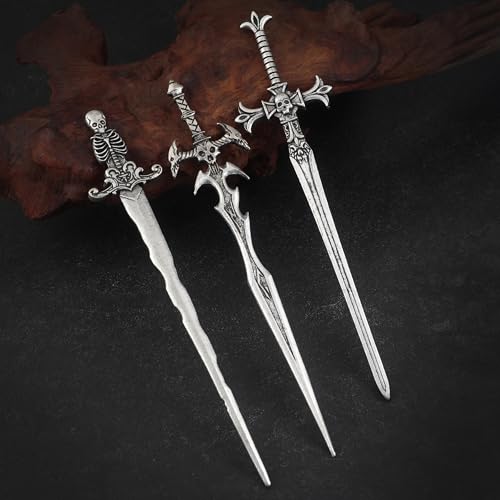 3PCS Skull Sword Hair Pins for Women, Metal Hair Sticks Set, Gothic Hair Accessories, Fantasy Decorative Hair Pins, Medieval Hair Stick Set for Bun Updo Long Thick Hair - color: Design-7