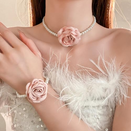 Vintage Imitation Pearl Bracelet with Rose Flower Charm Dainty Pearl Wrist Band Boho Rose Hand Accessories for Women Bridal Wedding Prom Festival - color: Pink