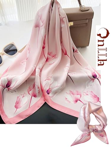 Silky Scarf for Women Lightweight Satin Bandanas Neck Hair Wrap For Sleeping Head Scarves 27.5" - color: A04 Pink Tulip/27.5"