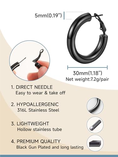 Stainless Steel Chunky Hoop Earrings For Women, Minimalist and Chic, Black/Gold Plated, Round Hoops Earrings Hypoallergenic, Size: 30mm/40mm/60mm/80mm, Come with Box - color: 1. Black, size: 30MM