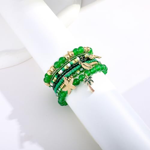 Shell Bracelet Seashell Boho Beaded Stretch Bracelets for Women Summer Beach Bracelets Starfish Charm Bracelet Stackable Gold Plated Bracelets Set for Women - color: f-green2