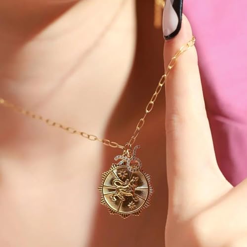 Dainty Gold Zodiac Embossed Coin Opal Crescent Moon Charm Necklace for Women Trendy 18K Gold Plated Retro Paperclip Chain 12 Constellation Horoscope Necklaces Astrology Jewelry Gifts - style: 1.ARIES (MAR21-APR 19)