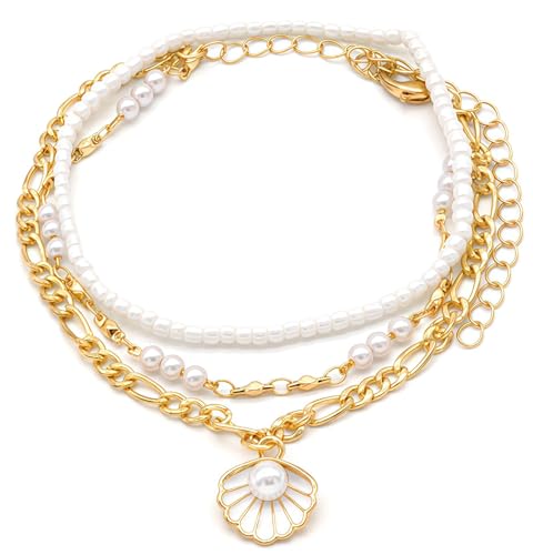 Beach shell sea star sea bead anklet set for Women, adjustable gold-plated Bohemian shell bracelet for ankle Fashion Layered anklet - color: Shell &pearl 3Pcs