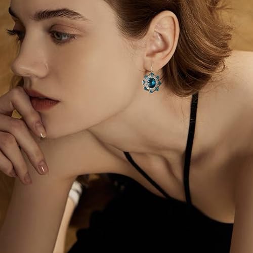 Handmade Bohemian Vintage Gold Sparkly Crystal Round Flower Leverback Earrings Cute Rhinestone Geometry Dangle Drop Earring for Women - color: Blue