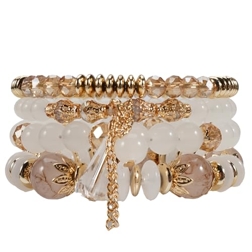 Bohemian Bracelet Sets for Women - 4-Pack Stackable Stretch Bead Bracelets with Black＆White Crystal & Gold Accessories, Multi-Layer Boho Jewelry - color: white