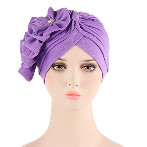 Flower Turban Hats for Women - Ruffle Bead Stretch Solid Caps Chemo Cancer Pre Tied Headscarf Headwear - color: Light Purple
