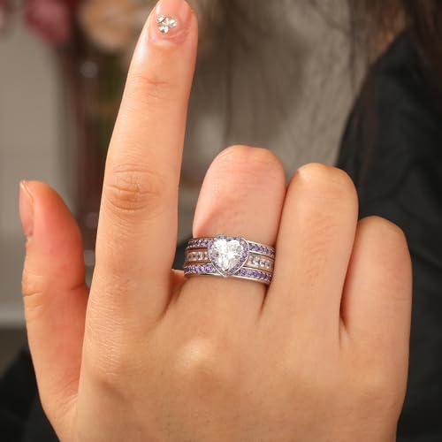 Jeulia Engagement Interchangeable Ring Set for Women Heart Cut Sterling Silver Wedding Promise Brilliant Classic Band Fashion Anniversary Rose Gold Halo Diamond Bridal with Jewelry Box - color: Purple