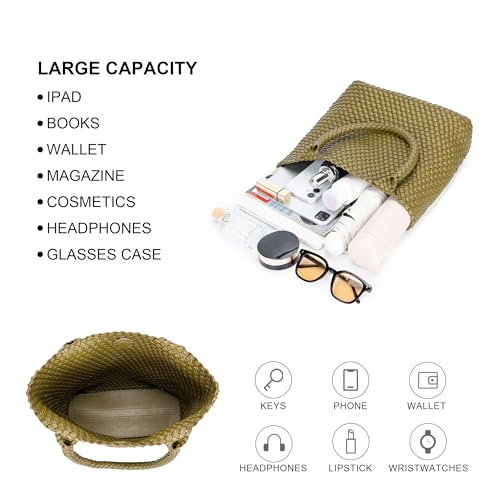 BAGOK Woven Tote Bag for Women, Handwoven Vegan Leather Shoulder Bag with Clutch, Large Tote for Work, Travel & Beach - color: Olive Green