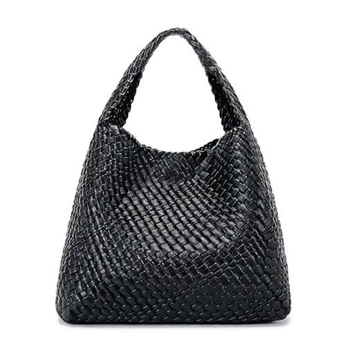 Woven Tote Bag For Women, Large Vegan Leather Travel Handbag, Casual Work Shoulder Bag, Underarm Commuter Hobo Bag With Purse - color: Black