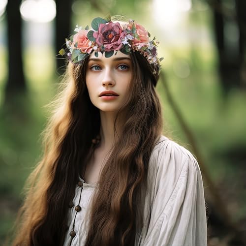 Vivivalue Boho Flower Crown Rose Floral Headband Hair Wreath Flower Headpiece Halo with Ribbon Wedding Party Photos - color: 88